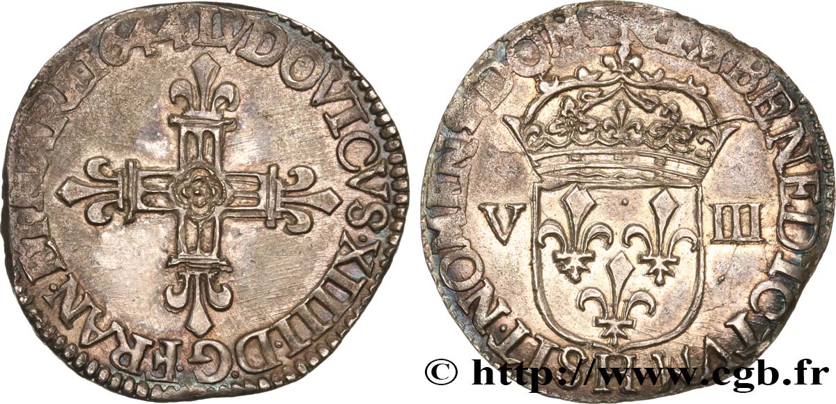 LOUIS XIV  THE SUN KING  Huitième d écu, titulature côté croix 1644 La Rochelle EBC