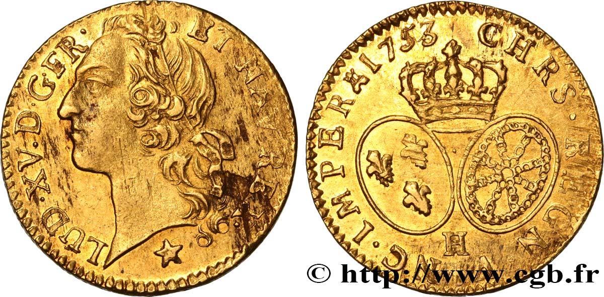 LOUIS XV  THE WELL-BELOVED  Louis d’or aux écus ovales, tête ceinte d’un bandeau 1753 La Rochelle XF/AU