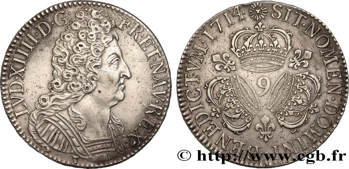 LOUIS XIV  THE SUN KING  Écu aux trois couronnes 1714 Rennes VZ