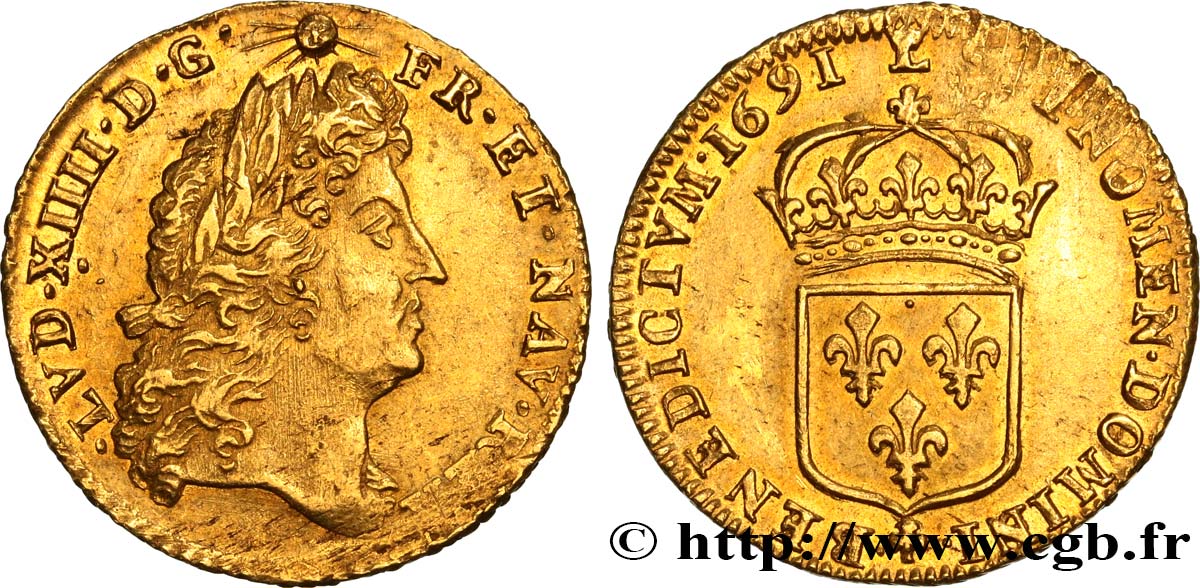 LOUIS XIV  THE SUN KING  Louis d or à l écu 1691 Lille EBC/SC