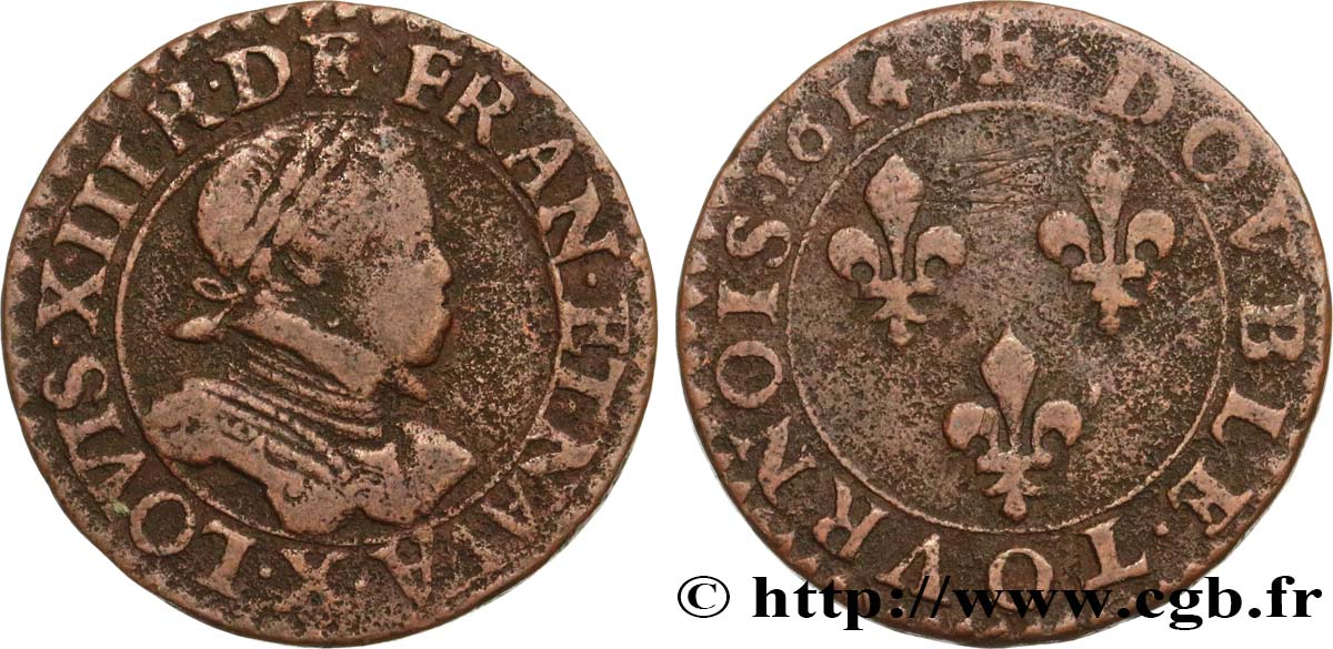 LOUIS XIII LE JUSTE Double tournois, type 1 1614 Amiens TB