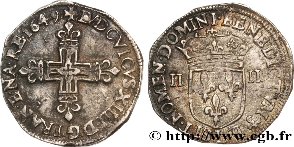 LOUIS XIV  THE SUN KING  Quart d écu, titulature côté croix 1649 Bayonne XF/AU