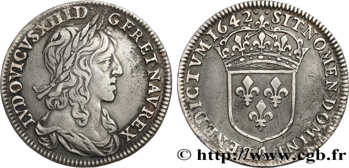 LOUIS XIII LE JUSTE Quart d écu d argent, 2e type, 1er poinçon de Warin 1642 Paris, Monnaie du Louvre TTB