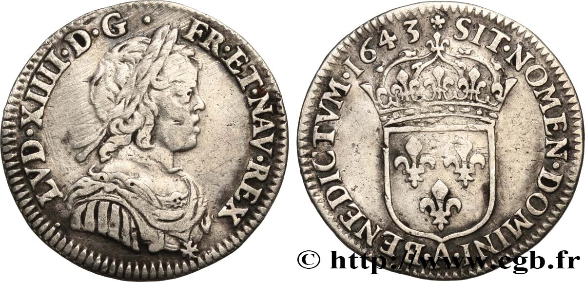 LOUIS XIV LE GRAND OU LE ROI SOLEIL Douzième d écu, portrait à la mèche courte 1643 Paris, Monnaie de Matignon TB+