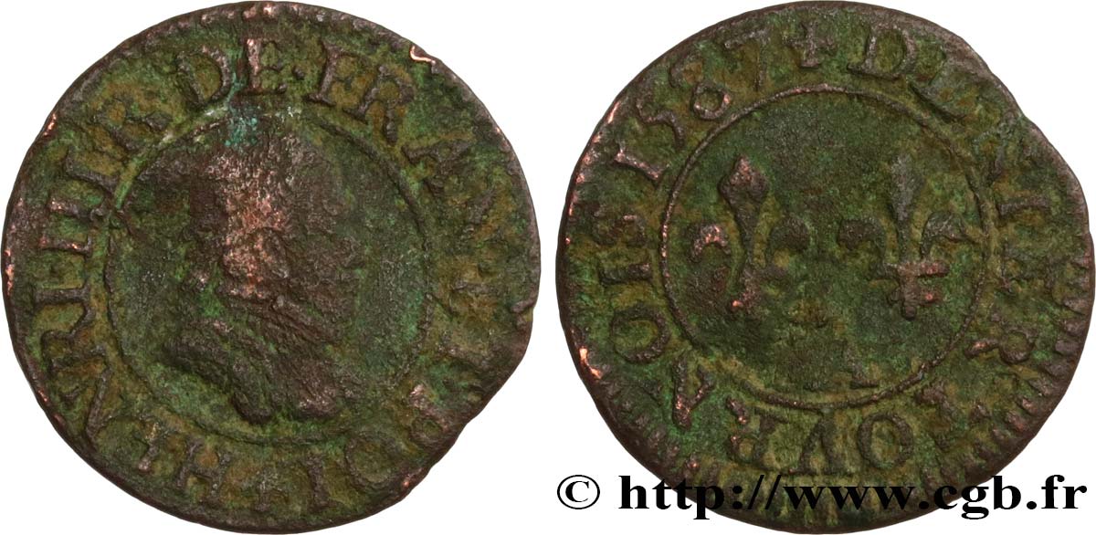 HENRI III Denier tournois, 1er type de Paris 1587 Paris, Moulin des Étuves TB