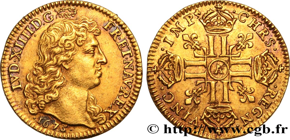 LOUIS XIV  THE SUN KING  Louis d’or aux huit L, portrait à la tête nue 1675 Paris EBC/SC