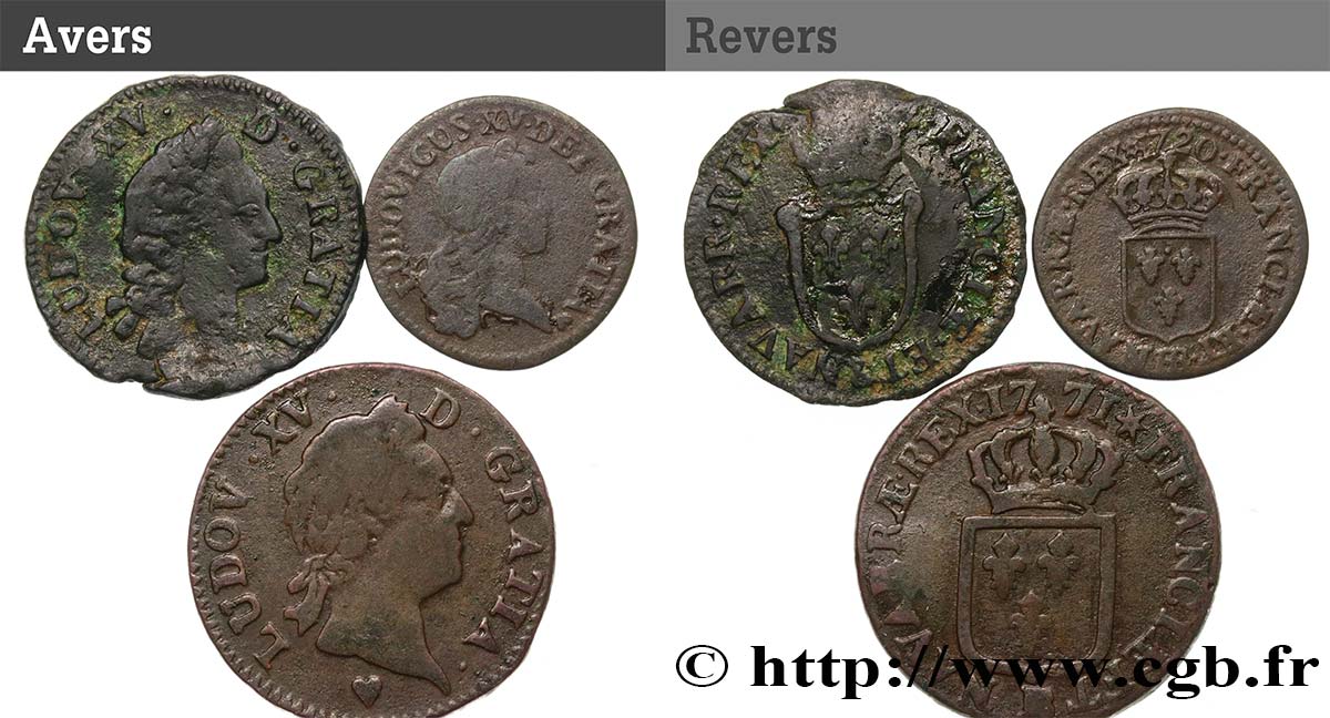 LOUIS XV  THE WELL-BELOVED  Lot de 3 monnaies royales n.d. Ateliers divers MB