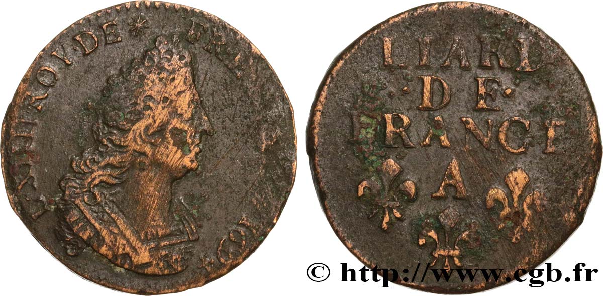 LOUIS XIV  THE SUN KING  Liard, 3e type, buste âgé 1694 Paris q.BB/MB