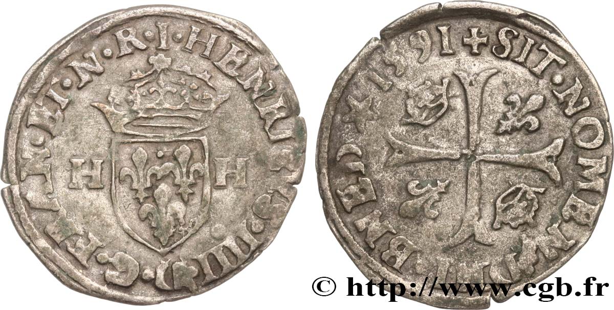 HENRY IV Douzain aux deux H, 1er type 1591 Limoges MBC