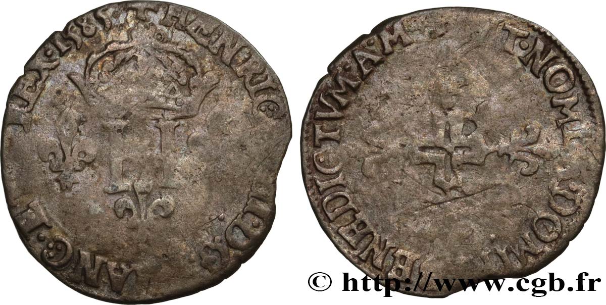 HENRI III Double sol parisis, 2e type 1585 Lyon TB