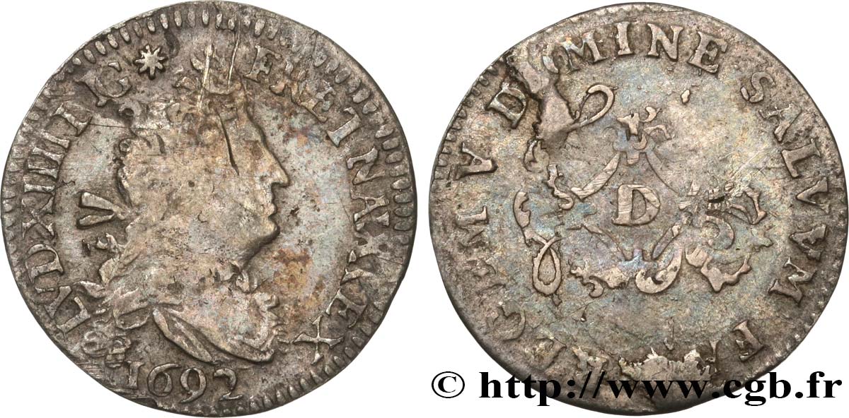 LOUIS XIV LE GRAND OU LE ROI SOLEIL Quatre sols aux deux L 1692 Paris TB