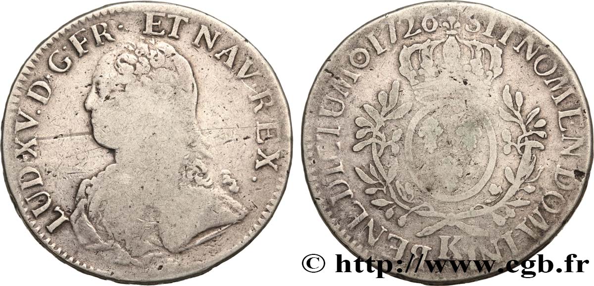 LOUIS XV DIT LE BIEN AIMÉ Écu aux branches d olivier, buste habillé 1726 Bordeaux B+