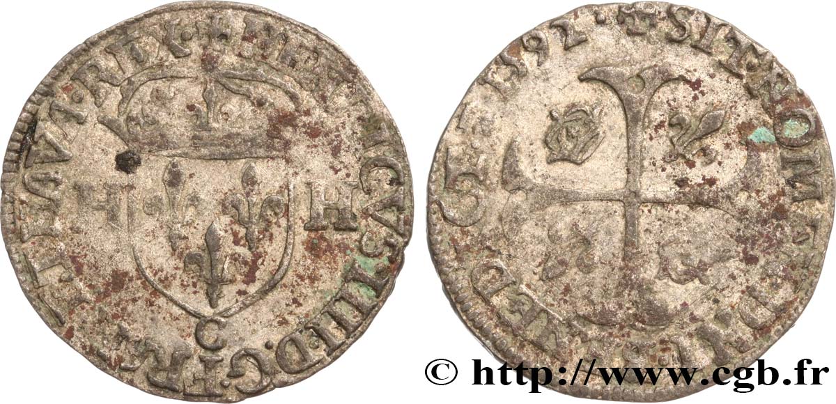 HENRI IV LE GRAND Douzain aux deux H, 2e type 1592 Saint-Lô TB+