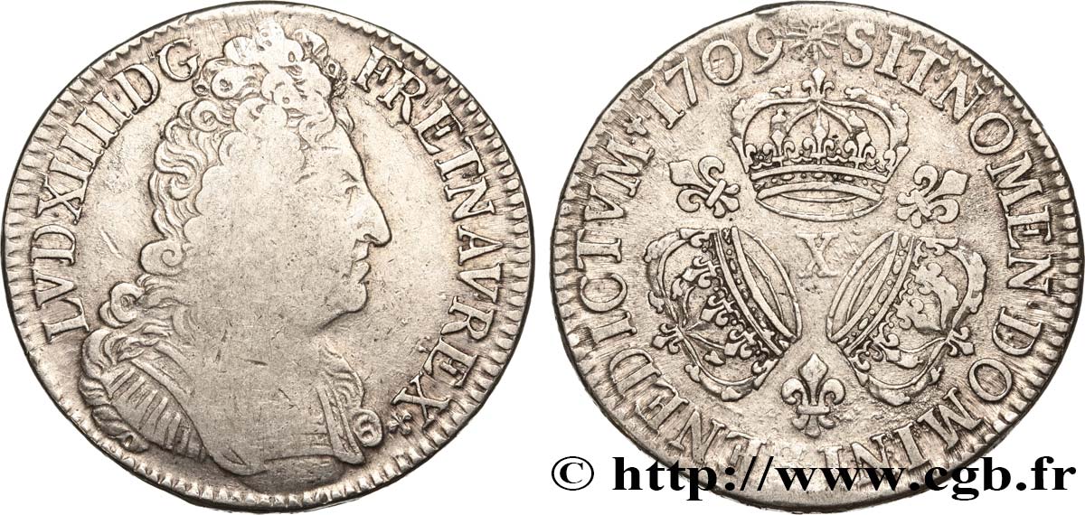 LOUIS XIV  THE SUN KING  Écu aux trois couronnes 1709 Amiens VF