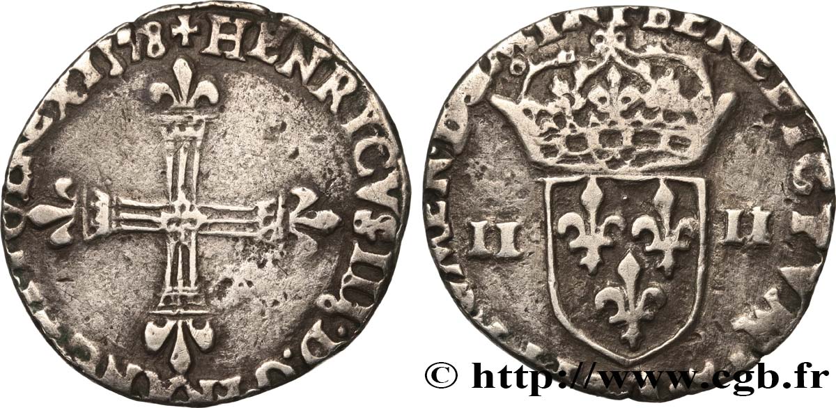 HENRY III Quart d écu, croix de face 1578 Rennes BC+