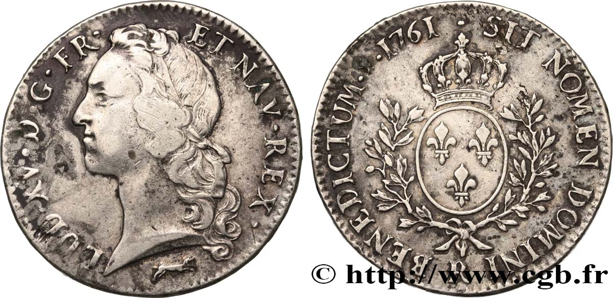 LOUIS XV  THE WELL-BELOVED  Écu aux branches d’olivier, tête ceinte d’un bandeau 1761 Orléans fSS/SS