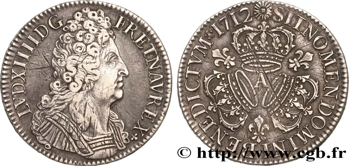 LOUIS XIV  THE SUN KING  Écu aux trois couronnes 1712 Paris XF