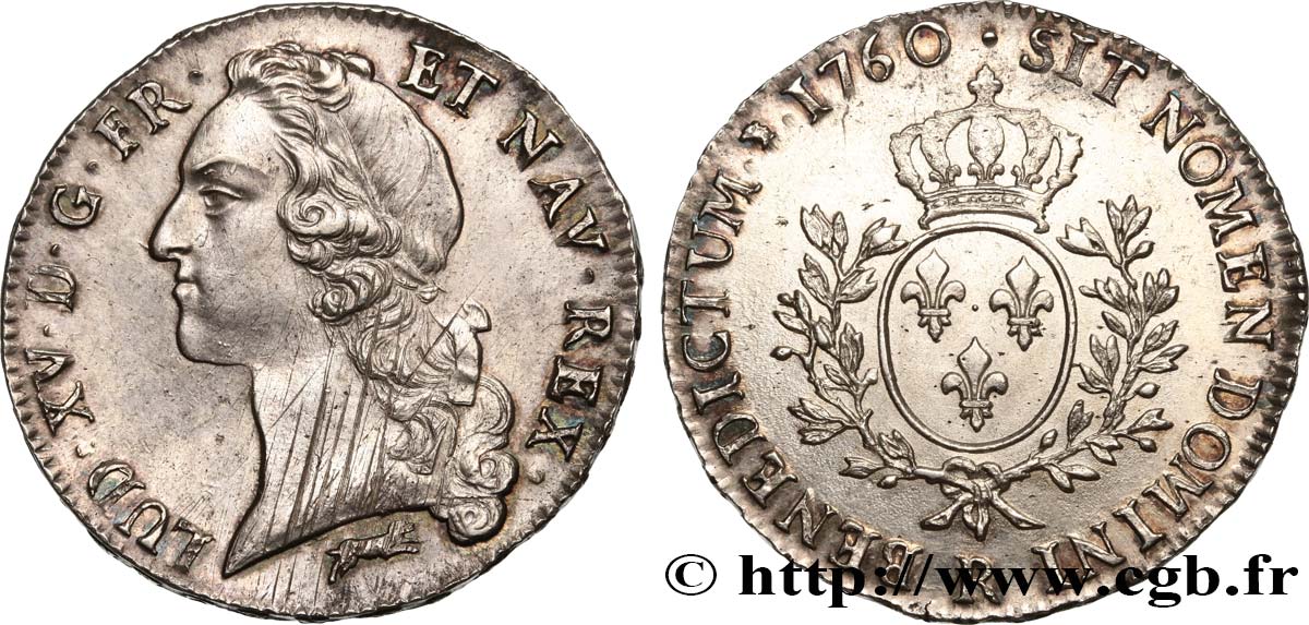 LOUIS XV  THE WELL-BELOVED  Écu aux branches d’olivier, tête ceinte d’un bandeau 1760 Orléans AU