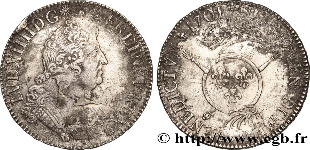 LOUIS XIV  THE SUN KING  Écu aux insignes 1701 Paris q.BB