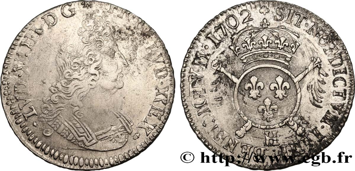 LOUIS XIV  THE SUN KING  Écu aux insignes 1702 La Rochelle VF/VF