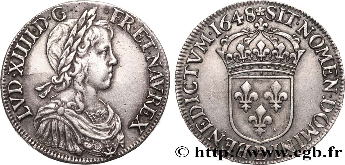 LOUIS XIV  THE SUN KING  Écu, portrait à la mèche longue 1648 Rouen MBC+
