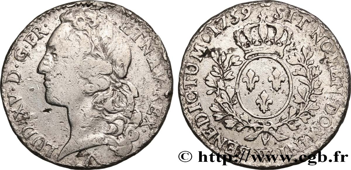 LOUIS XV  THE WELL-BELOVED  Demi-écu aux branches d’olivier, tête ceinte d’un bandeau 1759 Lille BC/BC+