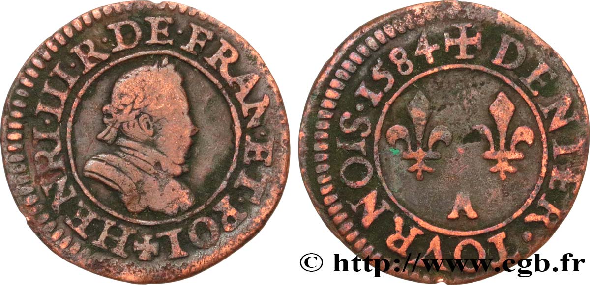 HENRI III Denier tournois, 1er type de Paris 1584 Paris, Moulin des Étuves TB+