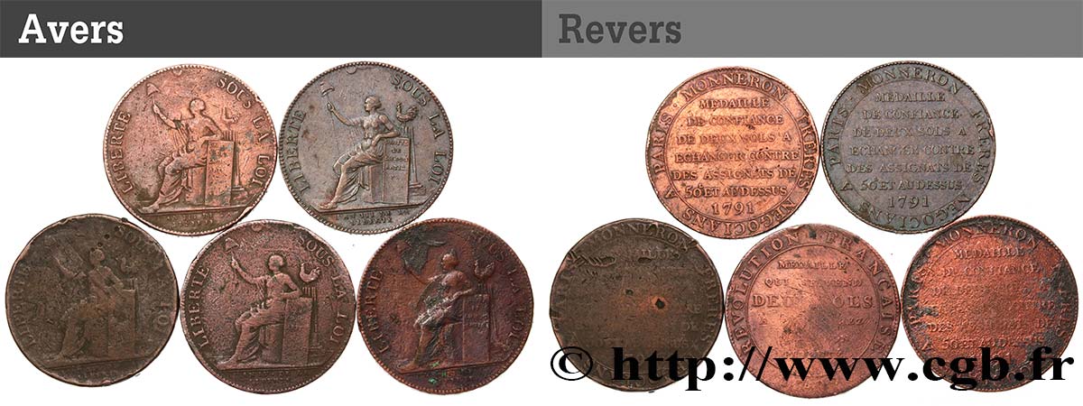 LOTES Lot de cinq Monnerons de 2 sols à la Liberté n.d. Birmingham, Soho RC+