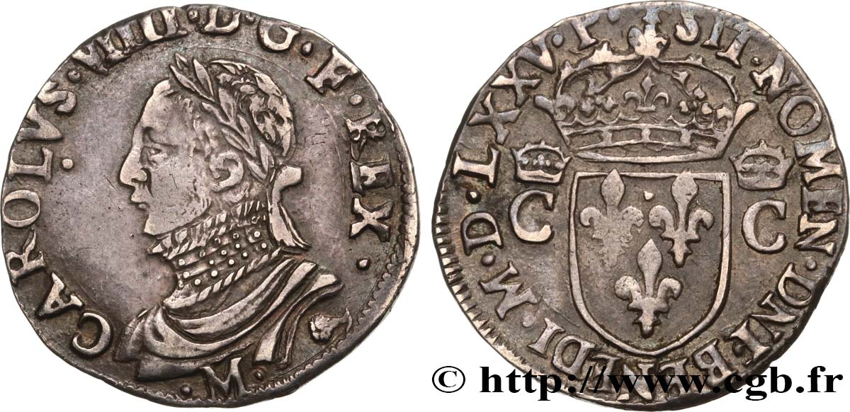 HENRY III. COINAGE AT THE NAME OF CHARLES IX Demi-teston, 10e type 1575 Toulouse XF