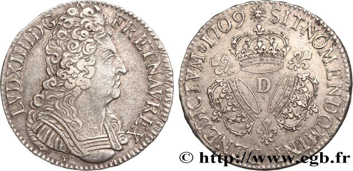 LOUIS XIV  THE SUN KING  Écu aux trois couronnes 1709 Lyon XF