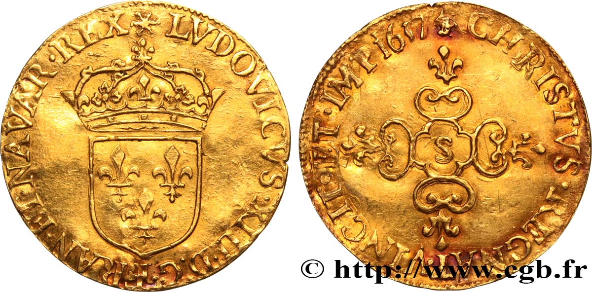 LOUIS XIII  Écu d or au soleil, à la croix anillée fleurdelisée 1637 Troyes SS/fVZ