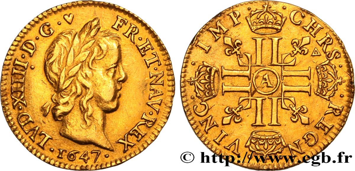 LOUIS XIV  THE SUN KING  Demi-louis d’or aux huit L, portrait à la mèche longue 1647 Paris EBC
