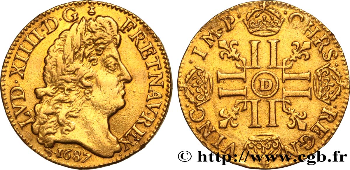 LOUIS XIV  THE SUN KING  Louis d’or aux huit L, portrait à la tête âgée et laurée 1687 Lyon MBC+