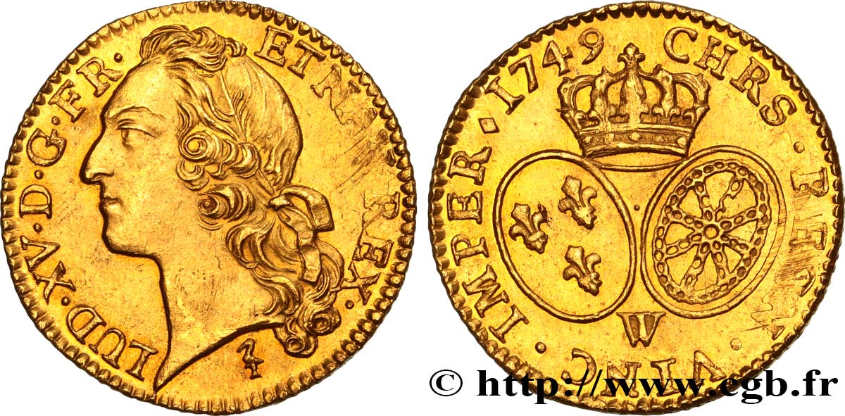 LOUIS XV THE BELOVED Louis d’or aux écus ovales, tête ceinte d’un bandeau 1749 Lille MS
