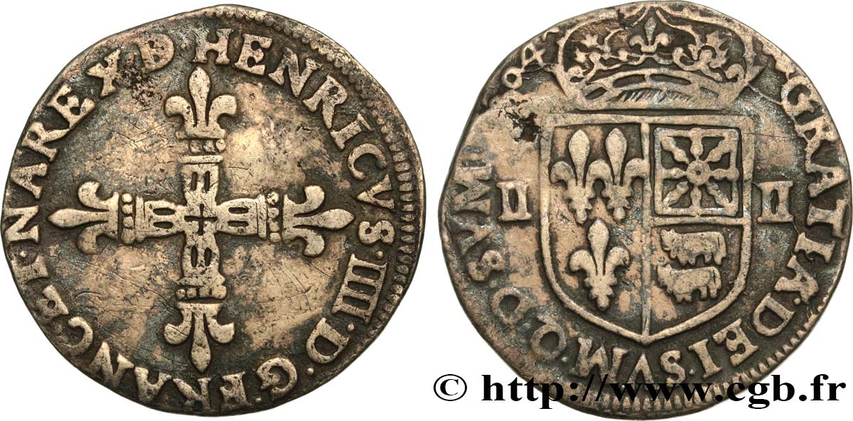 HENRY IV Quart d écu de Béarn 1604 Pau BC+