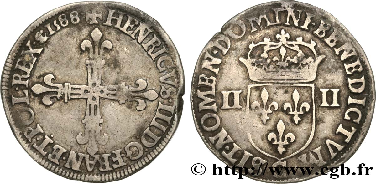 HENRY III Quart d écu, croix de face 1588 Saint-Lô VF