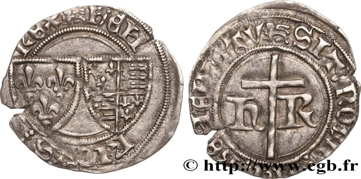HENRY VI DE LANCASTRE - ROI DE FRANCE (1422-1453) - ROI D ANGLETERRE (1422-1461) et (1470-1471) Petit blanc aux écus 04/06/1423 Rouen TTB+/TTB