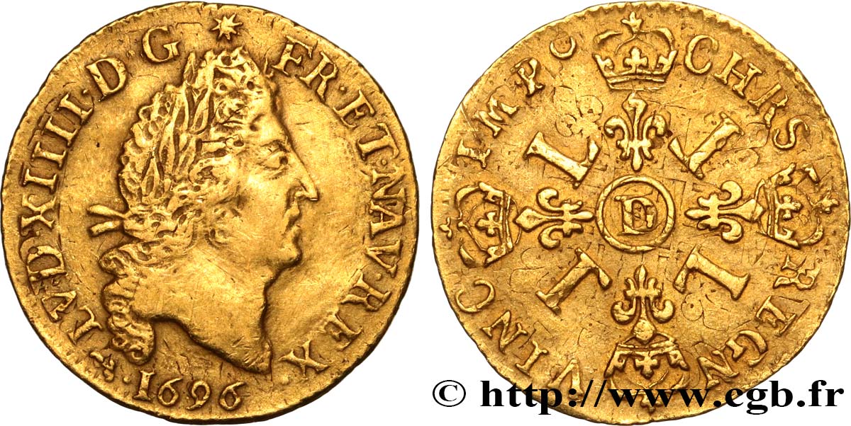 LOUIS XIV  THE SUN KING  Demi-louis d or aux quatre L 1696 Lyon fSS/SS