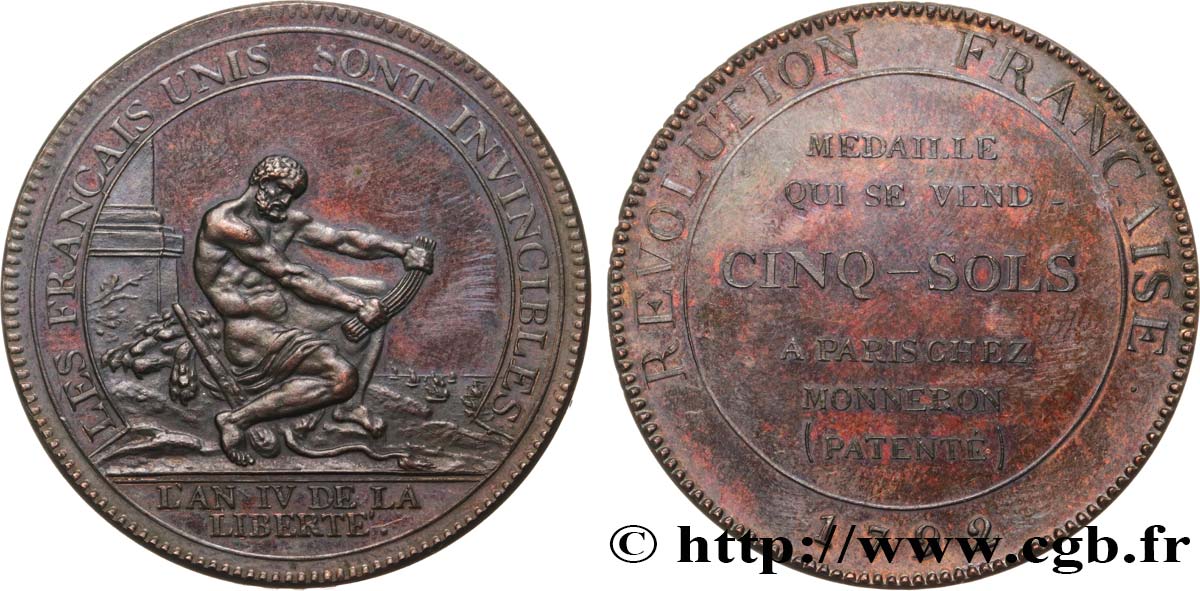 REVOLUTION COINAGE Monneron de 5 sols à l Hercule, frappe médaille 1792 Birmingham, Soho SC