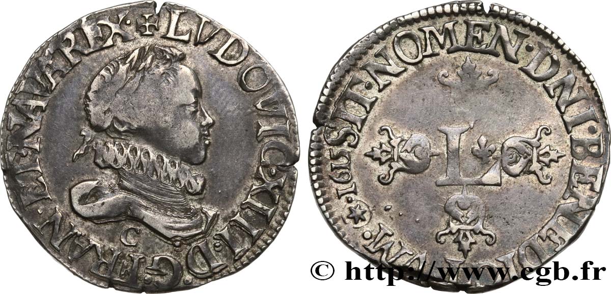 LOUIS XIII LE JUSTE Demi-franc au grand buste lauré et au col fraisé 1615 Saint-Lô TB+/TTB