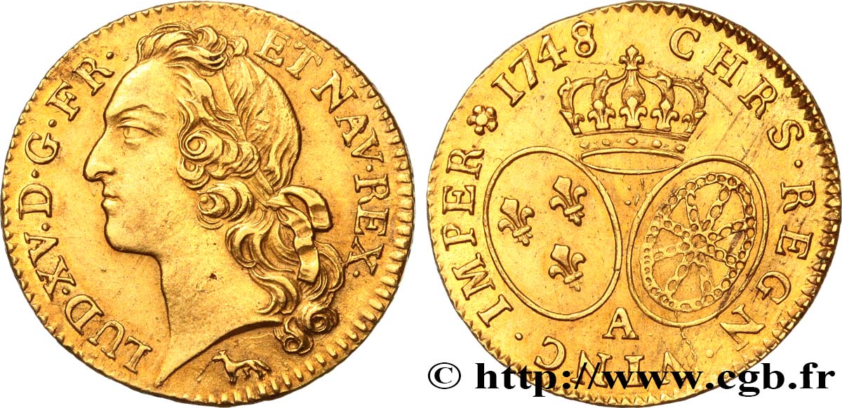 LOUIS XV DIT LE BIEN AIMÉ Louis d’or aux écus ovales, tête ceinte d’un bandeau 1748 Paris TTB+/SUP