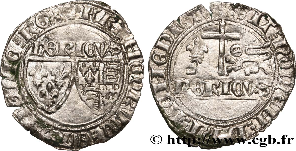 HENRY VI DE LANCASTRE - ROI DE FRANCE (1422-1453) - ROI D ANGLETERRE (1422-1461) et (1470-1471) Blanc aux écus n.d. Saint-Lô TTB