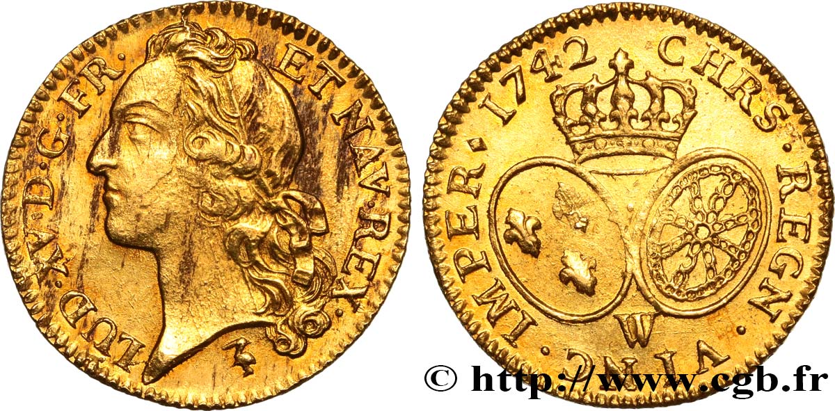 LOUIS XV  THE WELL-BELOVED  Louis d’or aux écus ovales, tête ceinte d’un bandeau 1742 Lille AU
