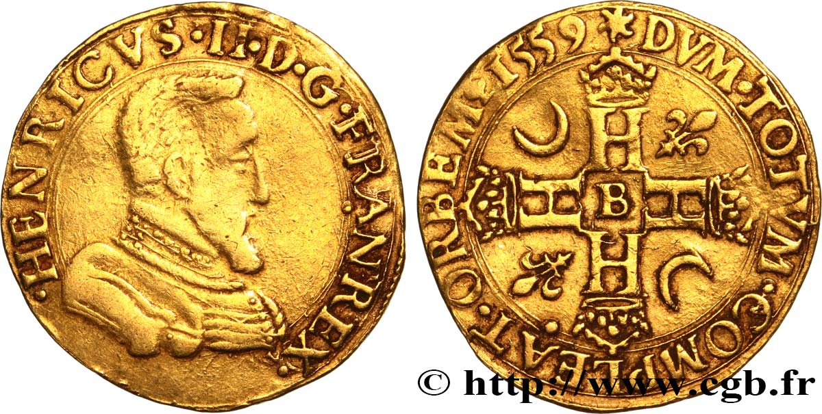 FRANÇOIS II. MONNAYAGE AU NOM D HENRI II Double Henri d or 1er type 1559 Rouen TB+/TTB