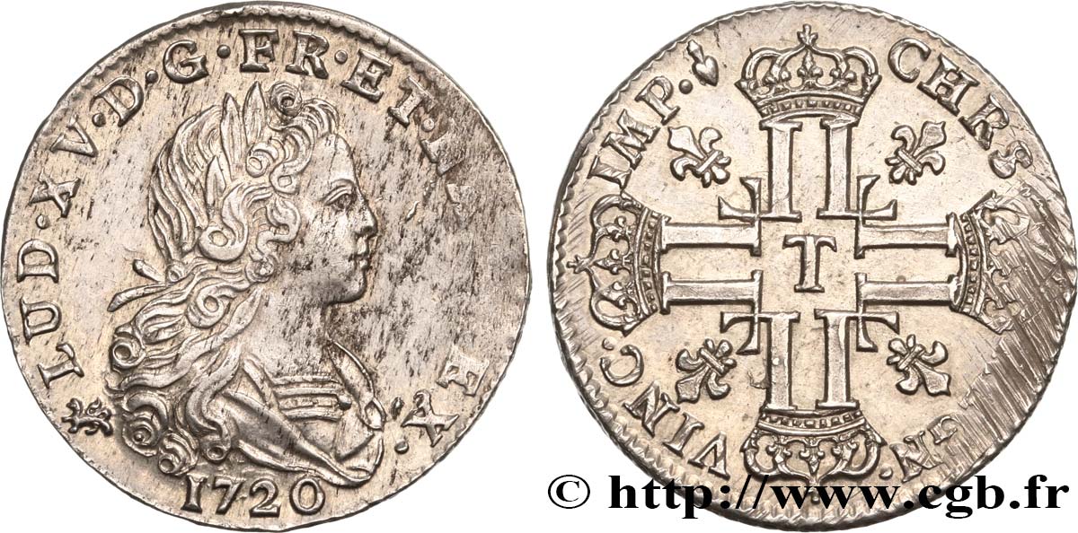 LOUIS XV  THE WELL-BELOVED  Louis d’argent à la croix aux huit L couronnées 1720 Nantes fVZ/VZ