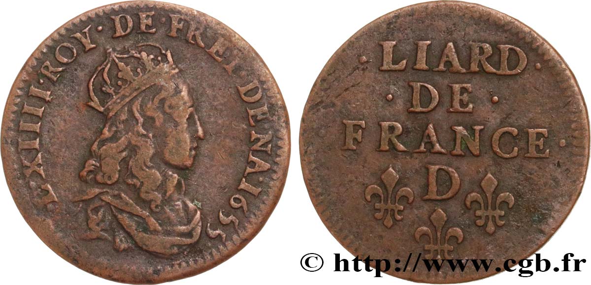 LOUIS XIV  THE SUN KING  Liard de cuivre, 2e type 1655 Vimy-en-Lyonnais (actuellement Neuville-sur-Saône) BC+