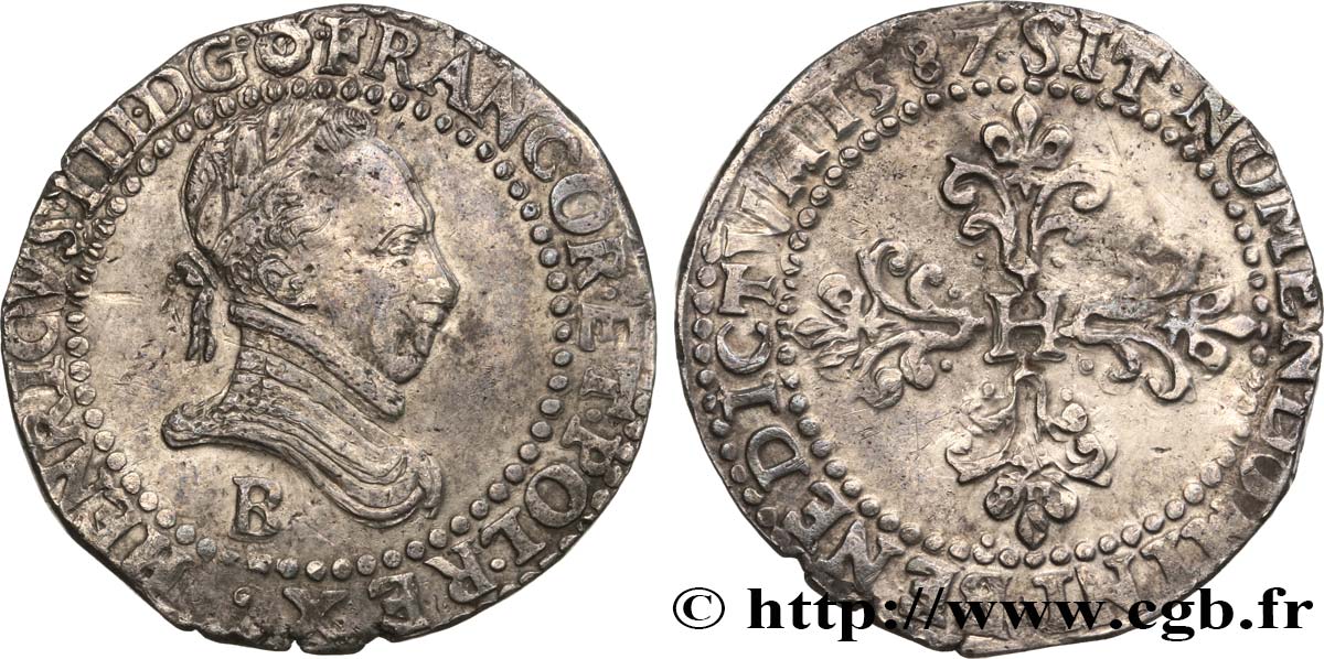 HENRY III Demi-franc au col plat 1587 Rouen XF/AU