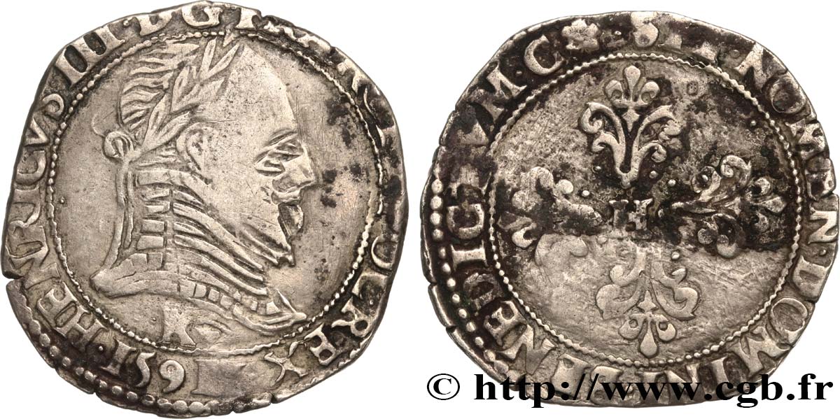 THE LEAGUE. COINAGE IN THE NAME OF HENRY III Demi-franc au col plat 1591 Saint-Lizier XF