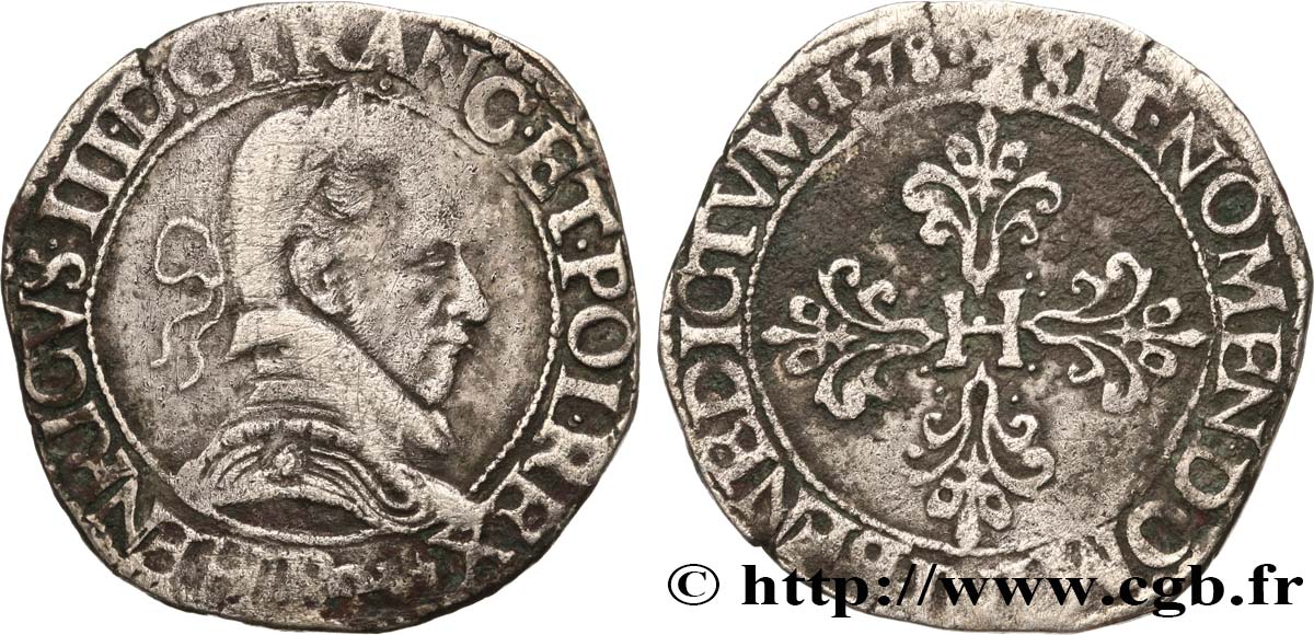 HENRI III Franc au col plat 1578 Dijon TB+