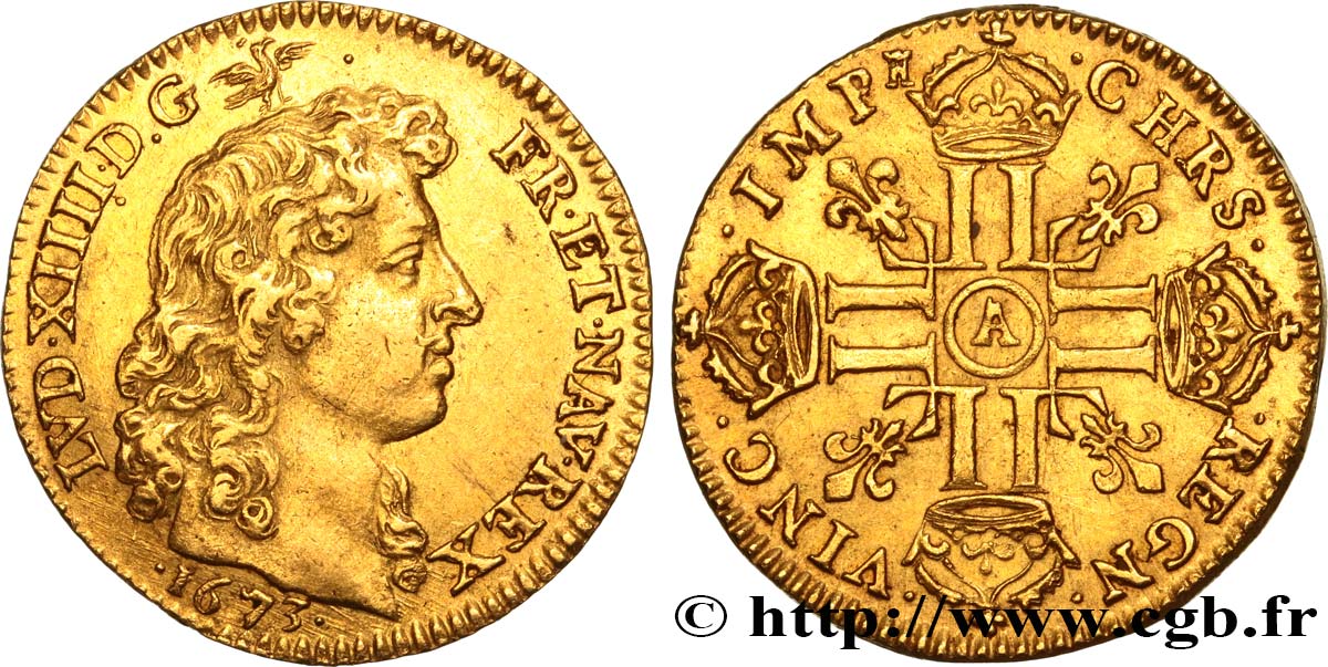 LOUIS XIV  THE SUN KING  Louis d’or aux huit L, portrait à la tête nue 1673 Paris VZ